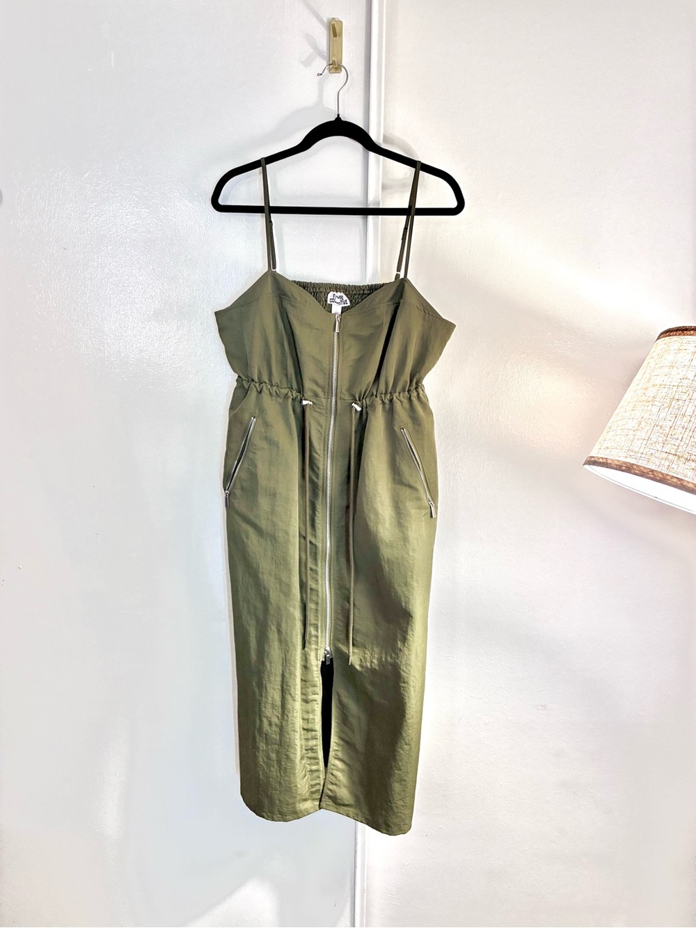 NWOT Olive Green Sporty Chic Midi Zip-Front Spaghetti Strap Dress Size Large